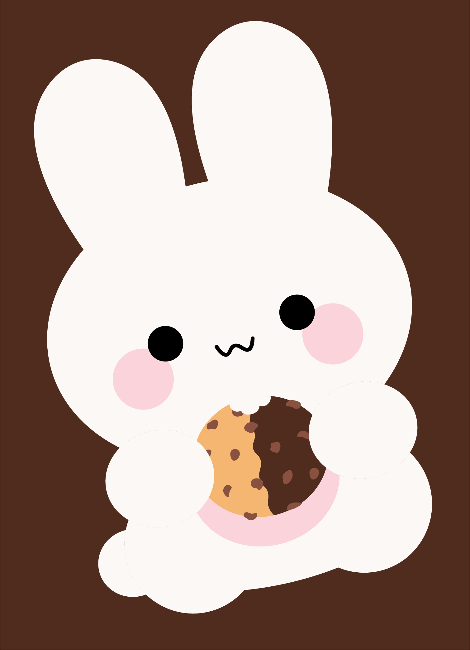 Bunny mascot holding a cookie on a brown background