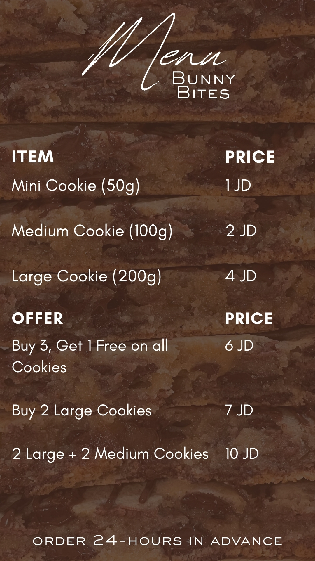 Menu page with cookie sizes and prices