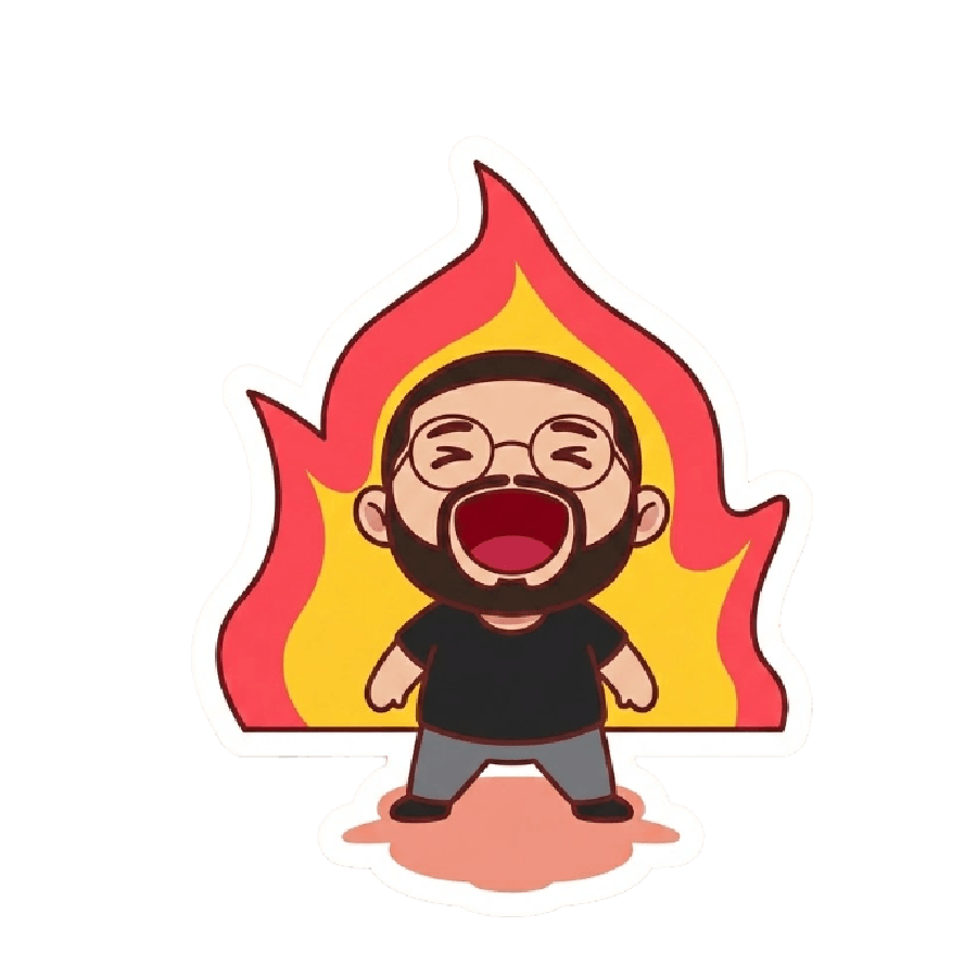 Cheering character in front of flames