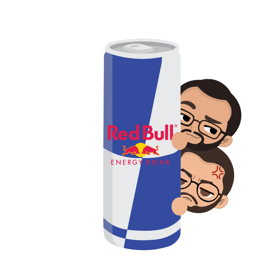 Two characters peeking out from behind an energy drink can