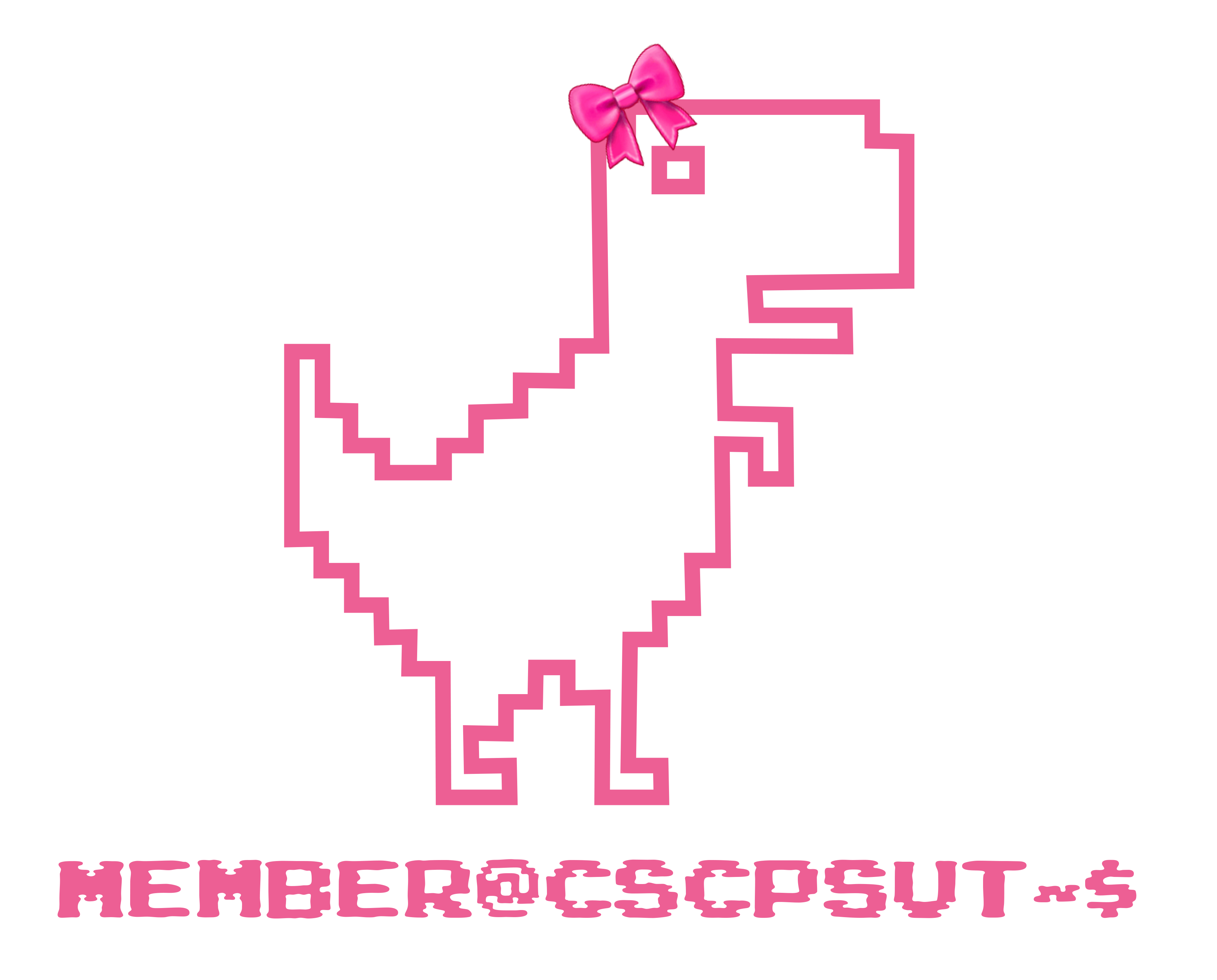 Pink pixel dinosaur with a bow and a member@cscpsut prompt