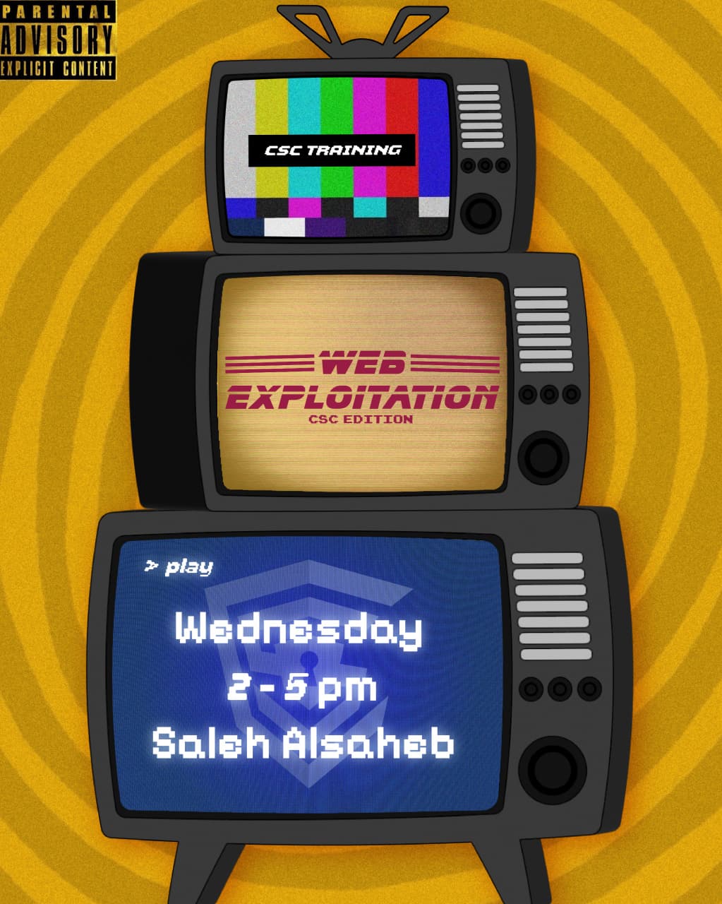 Web Exploitation training poster styled as stacked TVs