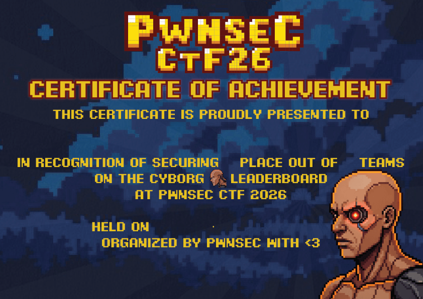 Certificate of achievement for the cyborg leaderboard