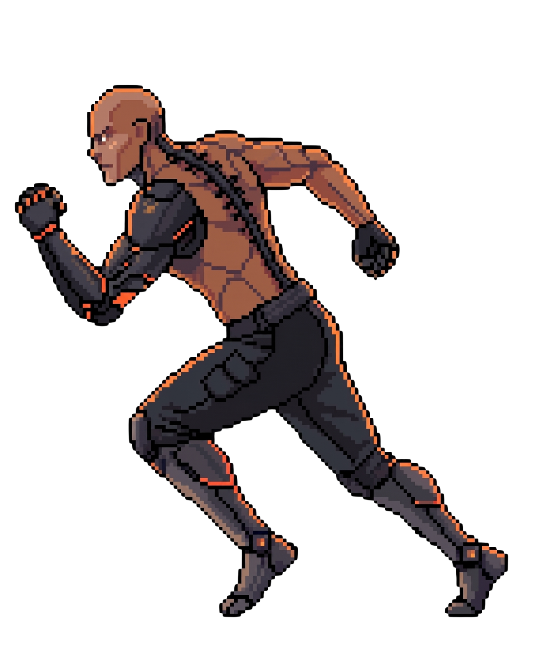 Full-body pixel art cyborg running